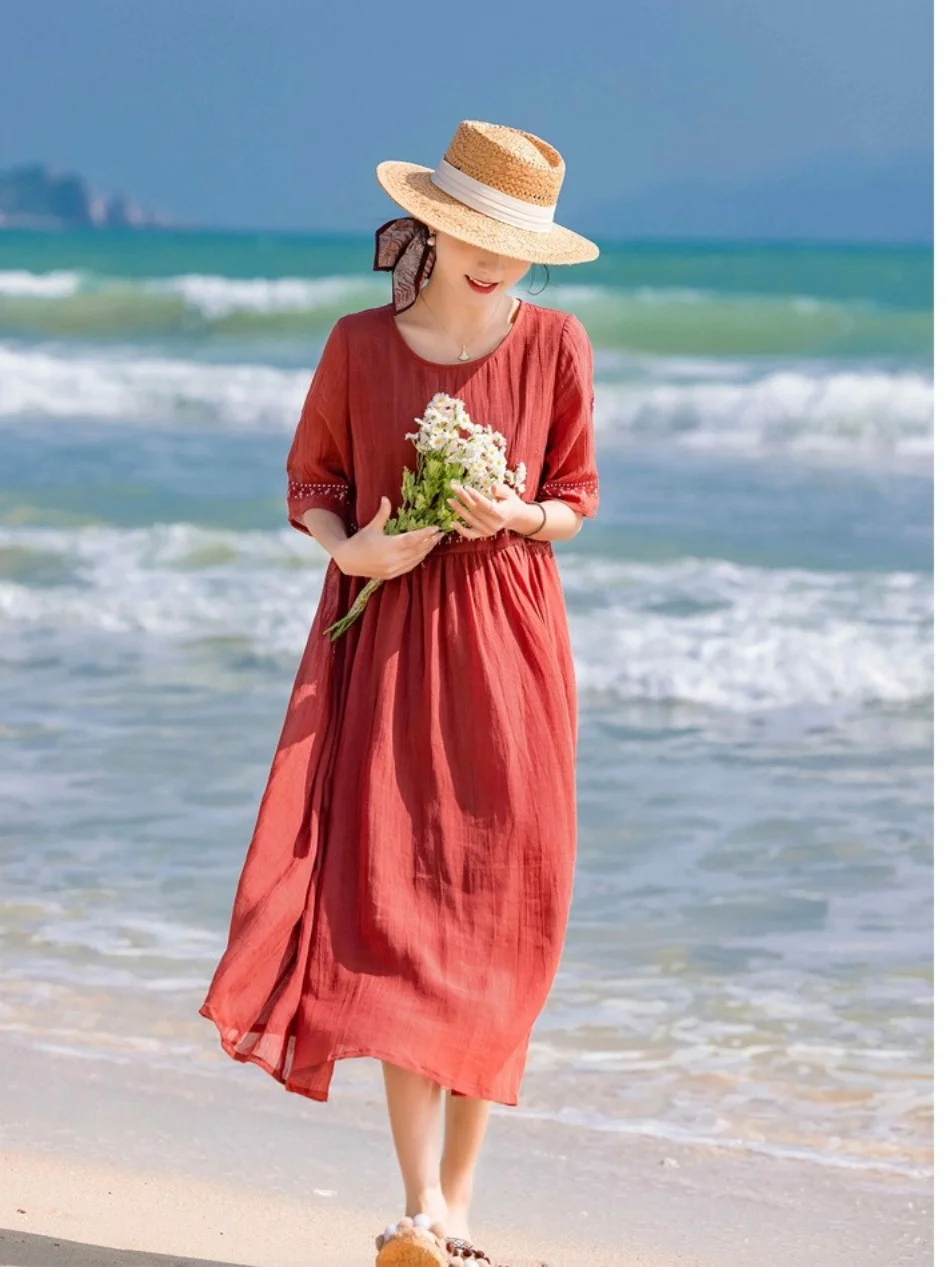 New 2024 Women Ramie Cotton Dress Vintage Loose Embroidery Summer Breathable Round Neck Casual Holiday Dresses F185