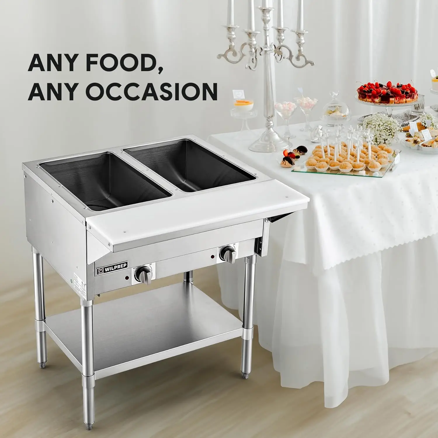 

Commercial Food Warmer, 1000W Electric Steam Table with 8" Cutting Board & Storage Shelf