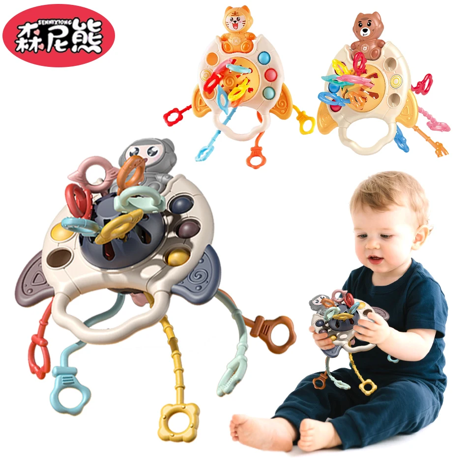 SENNIXIONG 5in1 Montessori Tandjes Baby Schattige Beer Tijger Ruimtevaarder Pull String Baby Zintuiglijke Ontwikkelen Rammelaars Speelgoed Voor Peuter