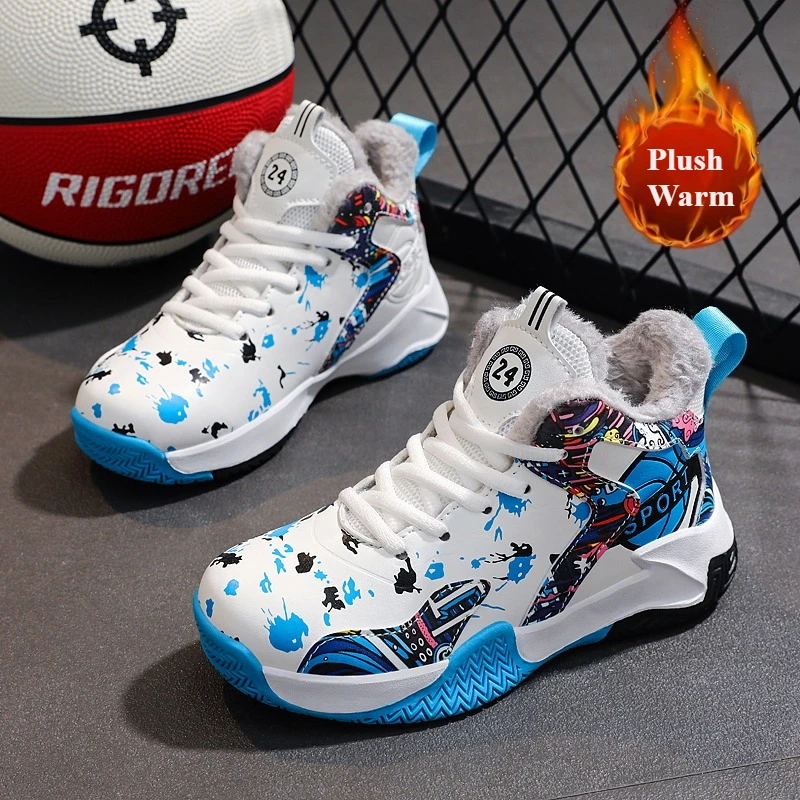 

Winter Children Sneakers Plush Warm Basketball Shoes for Boys Non-slip Outdoor Casual Running Sneakers Kids Warm Cotton Shoes