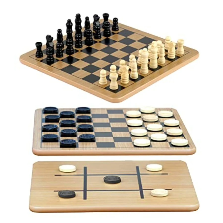 - Reversible Wooden Board for Chess, Checkers and Tic-Tac-Toe - 24 Interlocking Wooden Checkers and 32 Standard Chess Pieces -