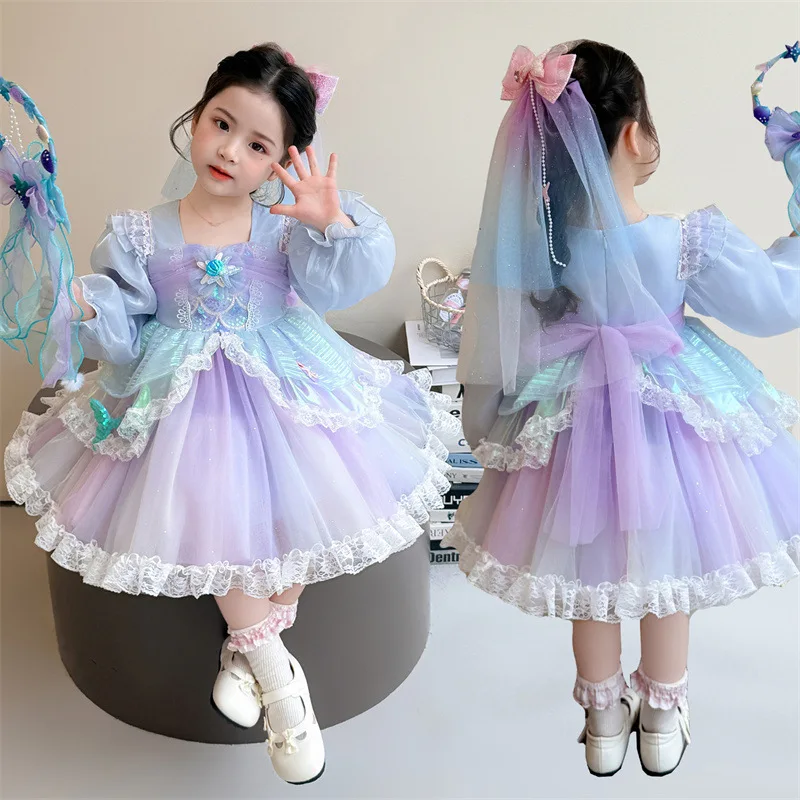 

Mermaid Lolita Princess Dress Puffed Skirt Girl Layered Dress Sequin Decoration Ball Gown Kids Sweet Birthday Party Dress Gift