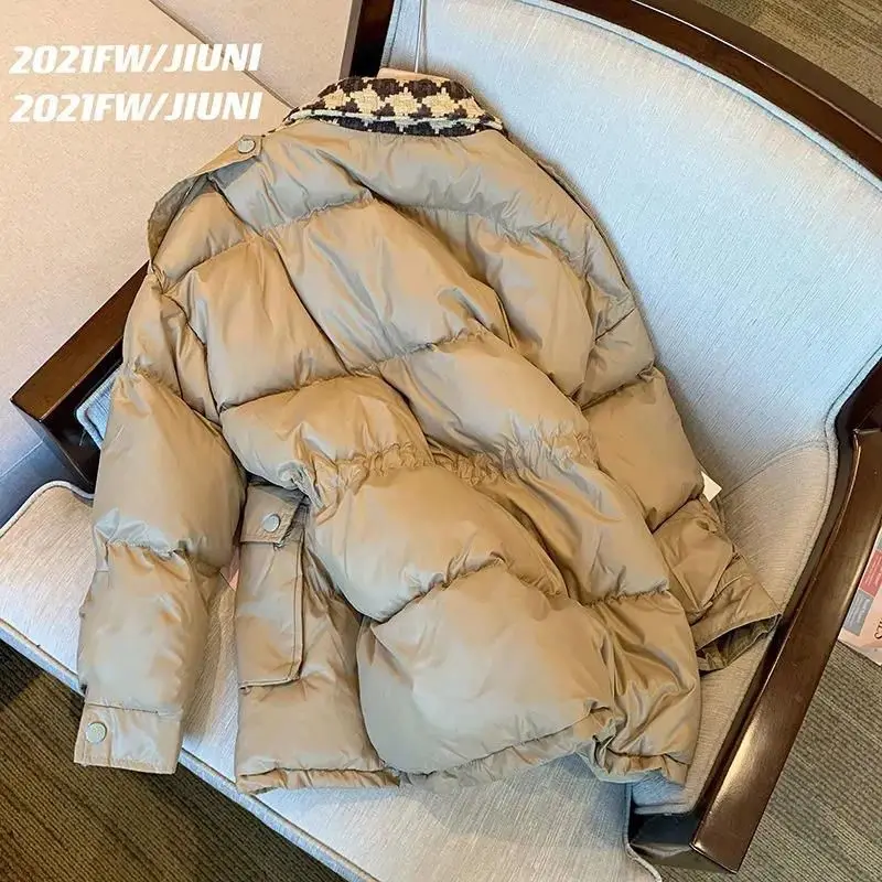 Small Fragrance Turn-Down Collar Spliced Cotton Coat Elastic Drawstring Fashion Vintage Elegant Jacket Winter Female Loose Parka