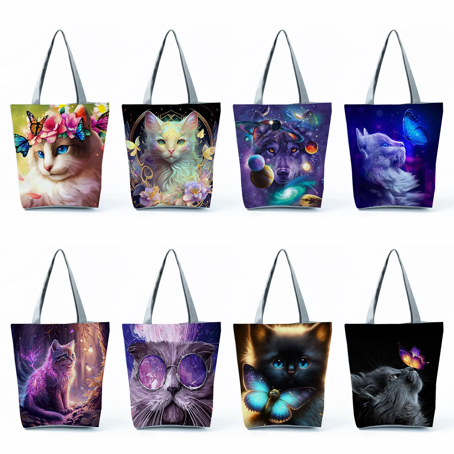 

Cute Butterfly Cat Print Handbags High Capacity Casual Women Office Tote Bags Cartoon Animal Graphic Eco Reusable Shopping Bags