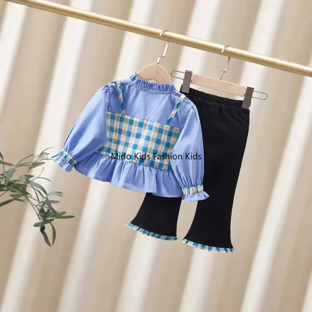Spring Fall Toddler Girls Cute Patchwork Fake Two-Piece Top & Bell-Bottom Pants 2PCS Outfit  for 100-140cm