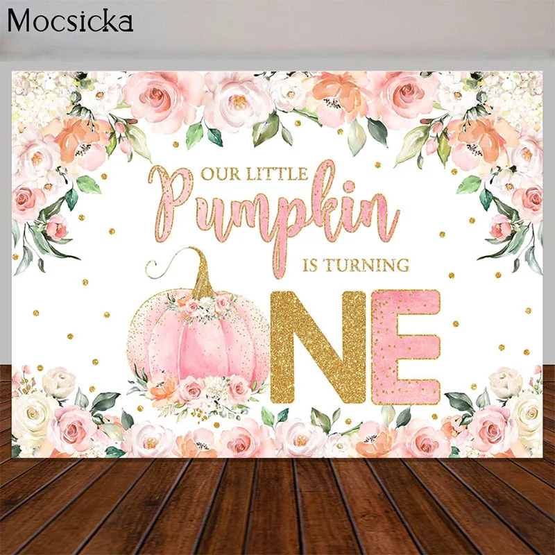 

Sweet Girl 1st Birthday Party Backdrop Fall Pink Pumpkin Flowers Photography Background Cake Table Decoration Banner Photo Props