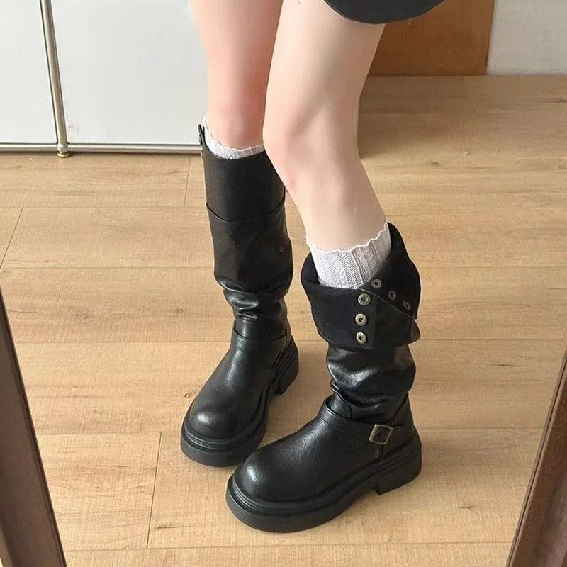 2026 Women's High Knee Boots, Chunky Platform Stacked Rider Boots, Spring/Autumn Two-Way Edgy Fold-Over Cuff Fashion Design