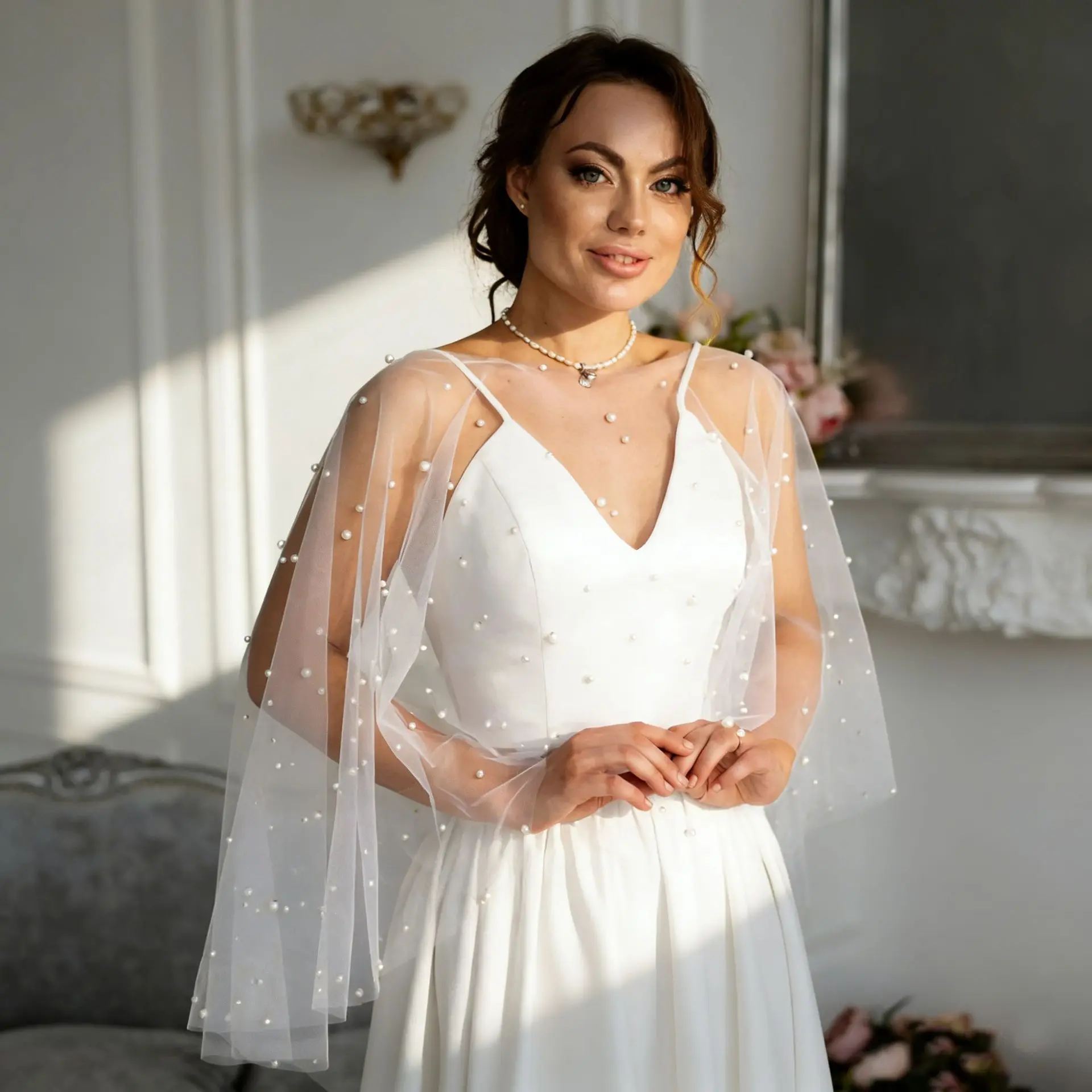 Elegant Pearl Beaded Wedding Wraps Jewel Collar Front Short Long Back Marriage Dress Accessories