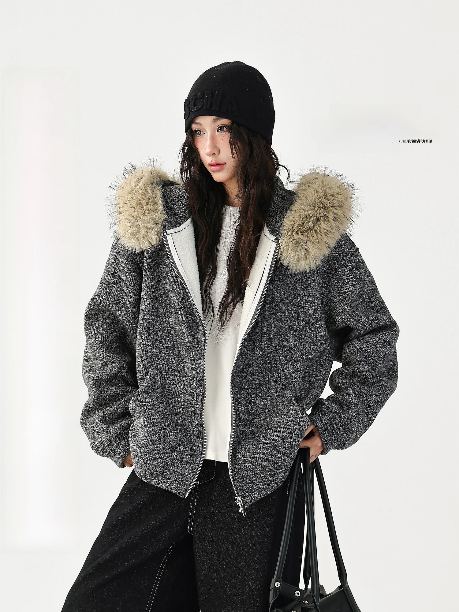 

Detachable Fur Collar Hoodie Jaet Women's Lazy Sle Loose American Retro Knitted Open Cardigan Polyester Viscose Nylon