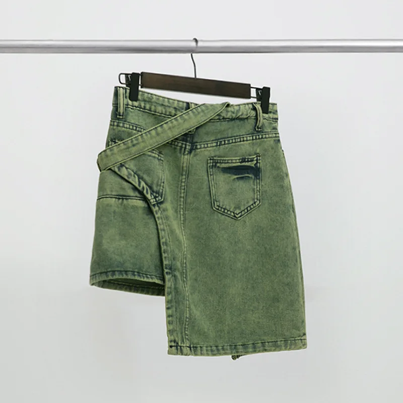 Europa en de Verenigde Staten trend groene denim rok met enkele riem, damesrok met onregelmatig ontwerp