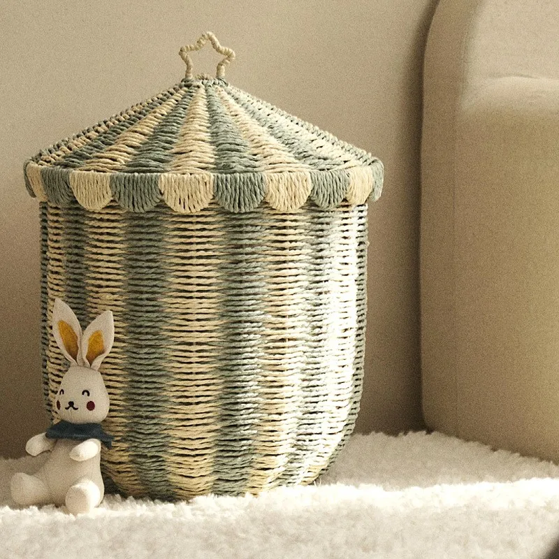 Scandinavian Style Floor Storage Basket Rattan Desktop Woven Basket Household Toys Snacks Sundries Organizing Storage Box