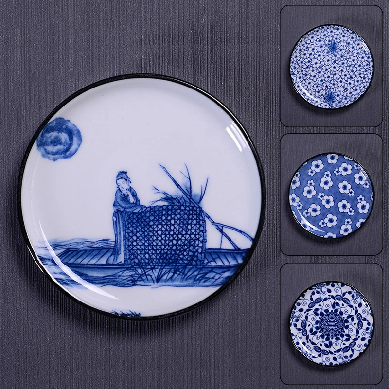 Ceramic Tea Cup Mat Anti-scalding Retro Handmade Blue and White Porcelain Saucer Household Kung Fu Tea Coaster Teacup Pad