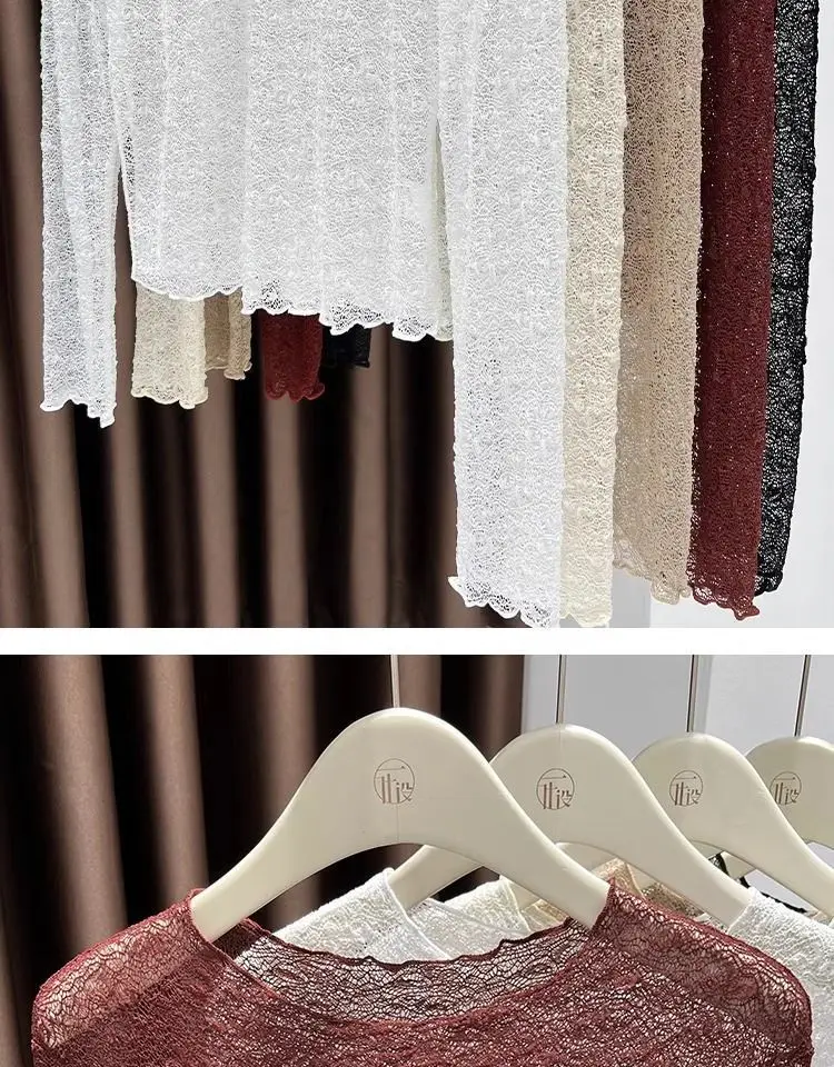 Damen-Oberteil mit Rundhalsausschnitt und Spitze, neues Herbst-/Winter-Modell, durchsichtiges Netzstoff-Langarmshirt, figurbetontes, elegantes und modisches Oberteil für den Innenbereich. – Detail 10