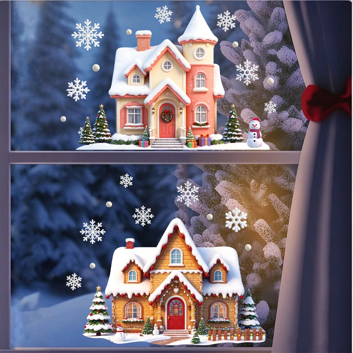 Christmas Snow Castle Cottage Static Window Clings, Removable Xmas Glass Stickers for Living Room Bedroom Holiday Decor