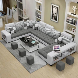 Ciemno-szaro-szaro-materiałowa kanapa segmentowa z szezlongiem, zestawy Sofa do salonu w kształcie litery U z dom umeblowanie stołkami