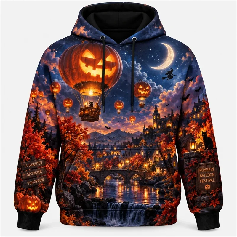 Halloween Hoodie 2026 Retro Graphic Pullover Haunted Adventure Gothic Night Streetwear Pumpkin Ghost Skeleton Moon Forest Unisex