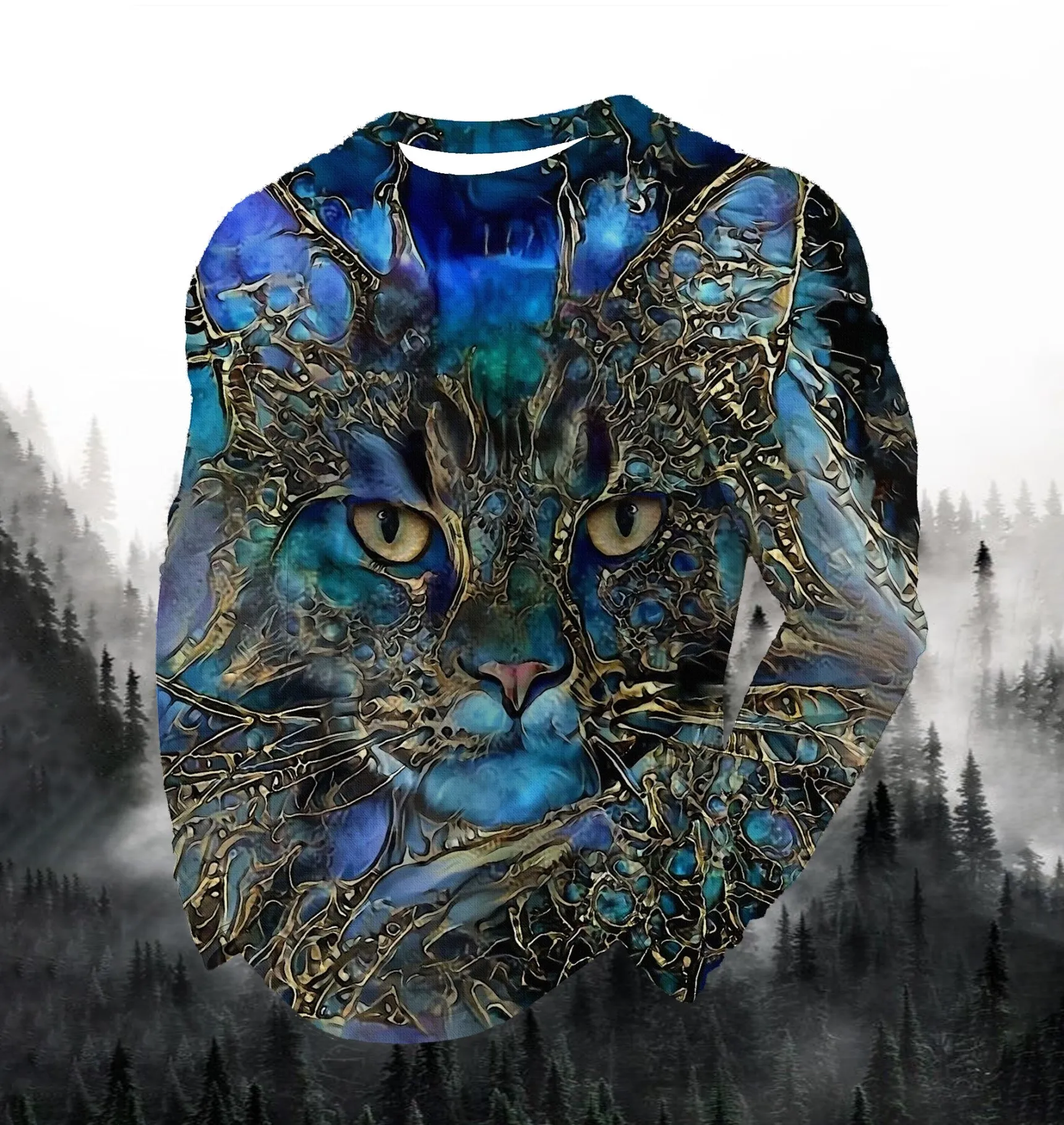 Lion Kitten Fierce Animal Print Men's T-shirt Fashion Long Sleeve T-shirt Casual Round Neck Street Top Loose Pullover Autumn