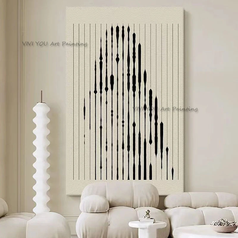 Handpainted Nordic Black Line Abstract Oil Painting for Tall Entryway Vertical Minimalist Wabi Sabi Home Wall Art