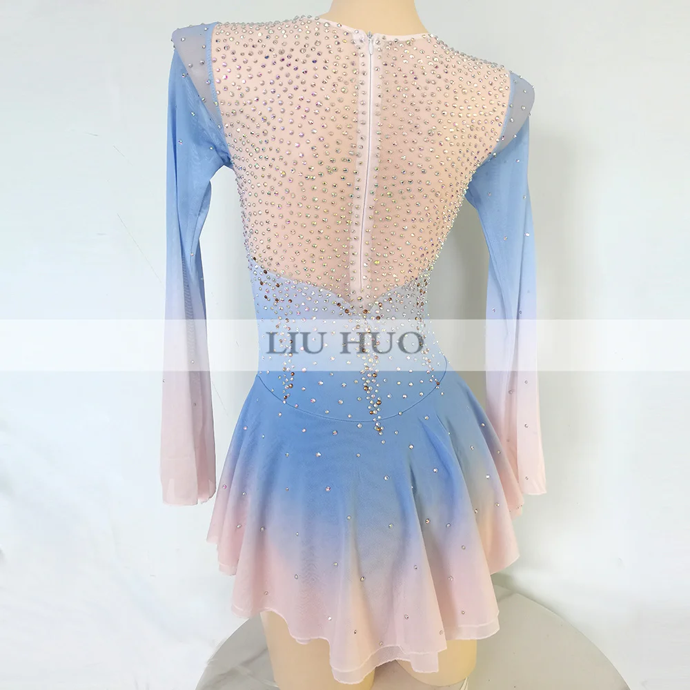 LIUHUO Ice Dance Figure Skating Dress Women Adult Girl Teen Customize Costume Performance Competition Leotard Gradient Blue Pink