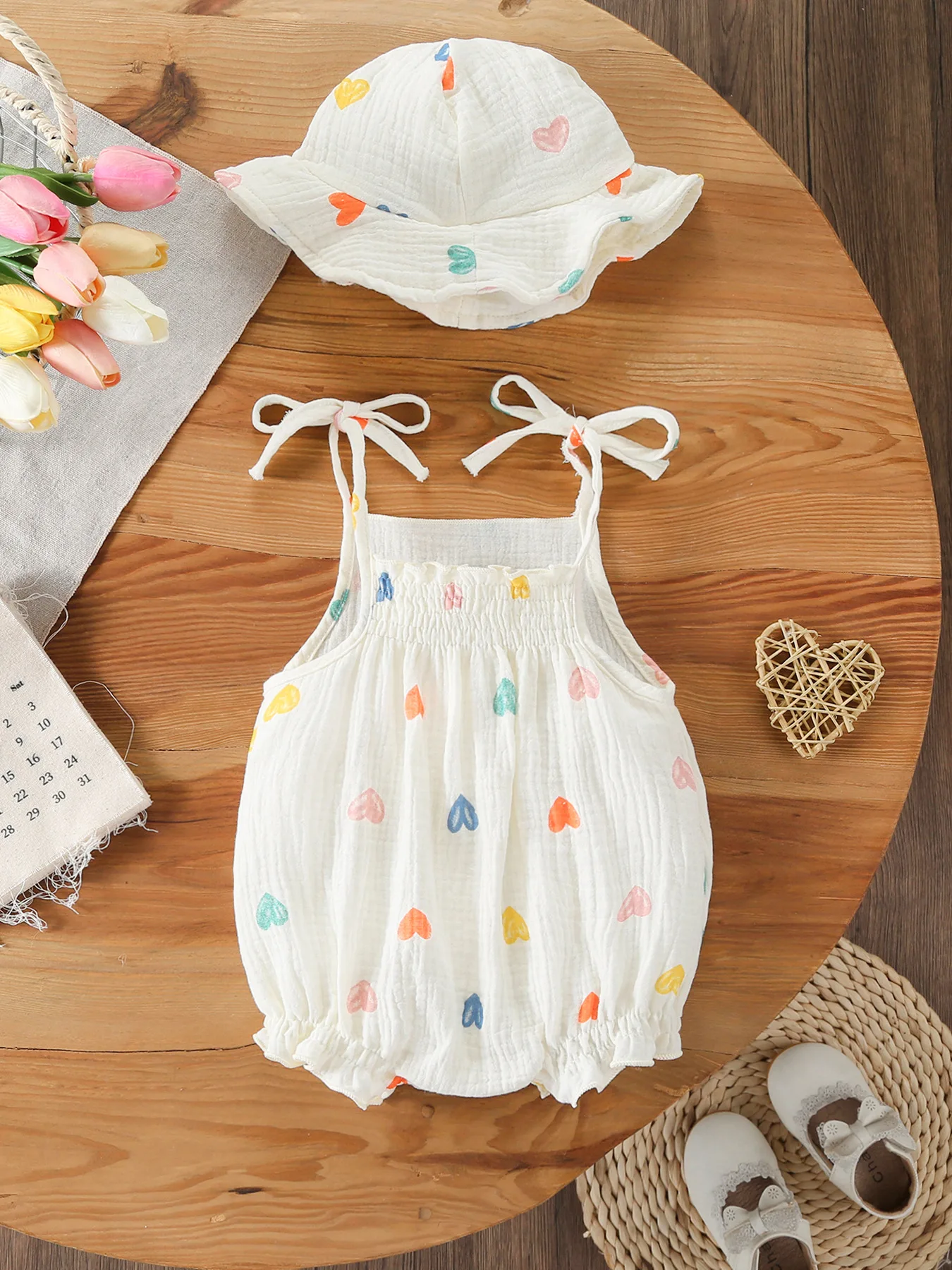 

2Pcs Full Print Cute Sling Summer Newborn Bodysuit with Hat Breathable Gauze Baby Matching Outfit
