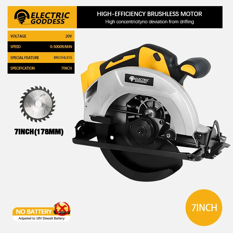 7-inch Cordless Circular Saw 5000rpm Brushless Woodworking Saw 45-degree Cutting Angle Adjustment For Dewalt 20V Battery Pin image 3