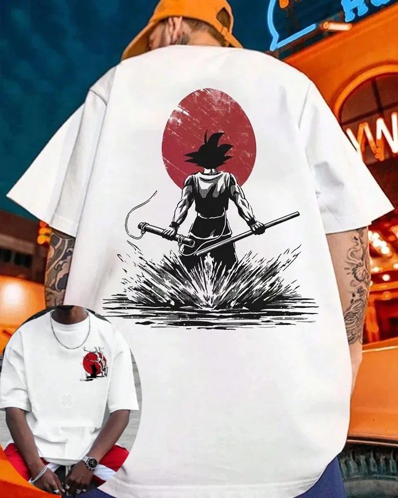 2026 Sommer Dragon Ball Retro T-Shirt für Herren aus Reiner Baumwolle, Übergroßes Shirt mit Goku-Silhouetten-Print, Lässig, Unisex & Kindergrößen Verfügbar
