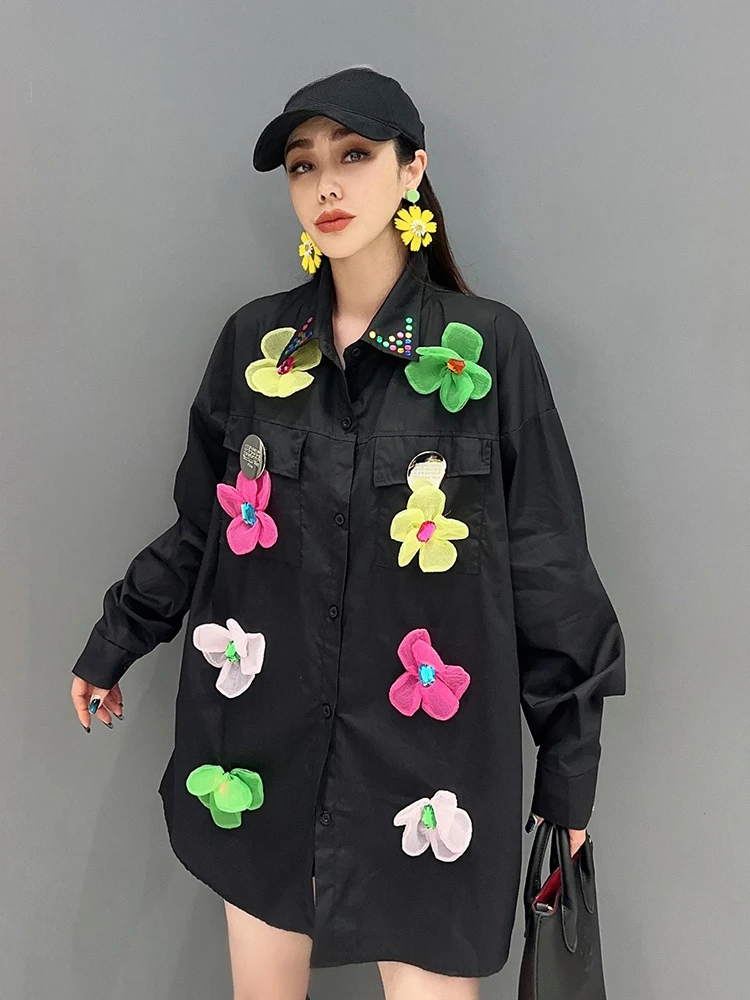 Women's 2025 Spring New Long-sleeve Cotton Shirts Three-dimensional Flower Decoration Cute Tops Fashion Loose Women's Clothing