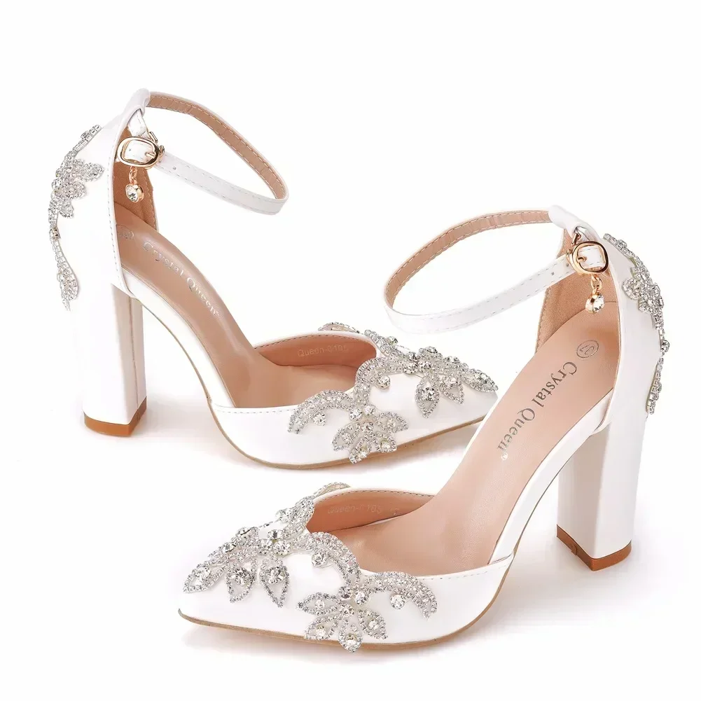 2024 Thick Heel Pointed Toe Shoes Large Size  Thick Heel Sandals Women Rhinestone Wedding Shoes Women White Wedding Shoes Drill