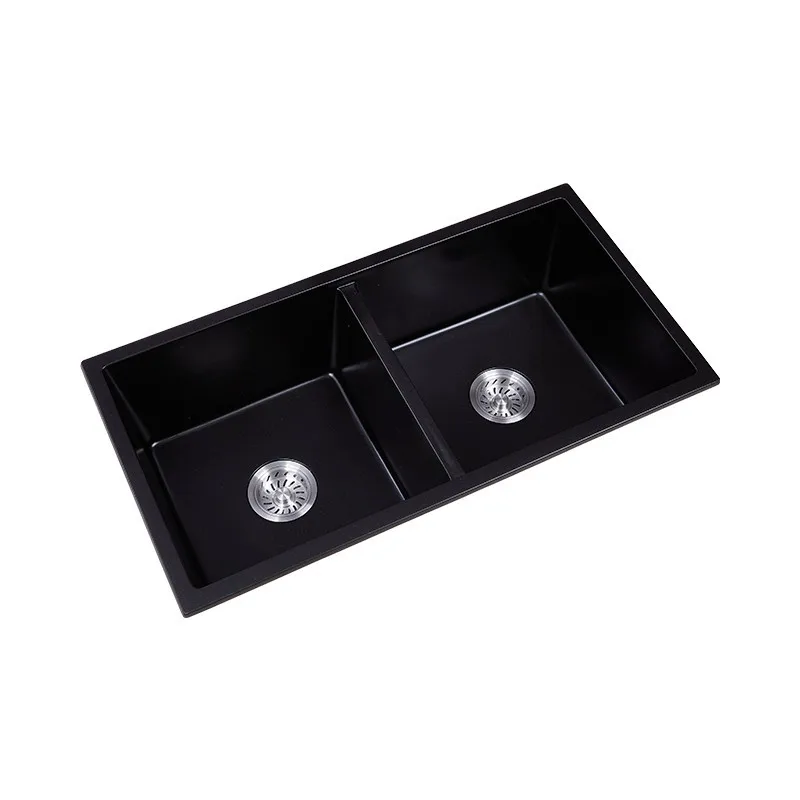 Thickened black quartz stone double sink kitchen wash basin kitchen basin kitchen essential double sink large capacity household