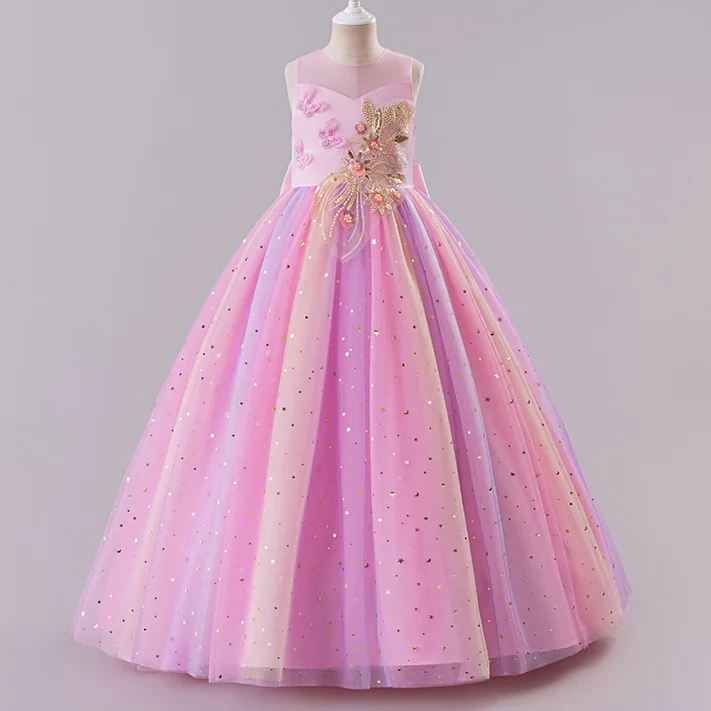 Girls sequined butterfly princess dress 3-10 years pearl embroidered colorful tutu skirt carnival birthday party evening dress