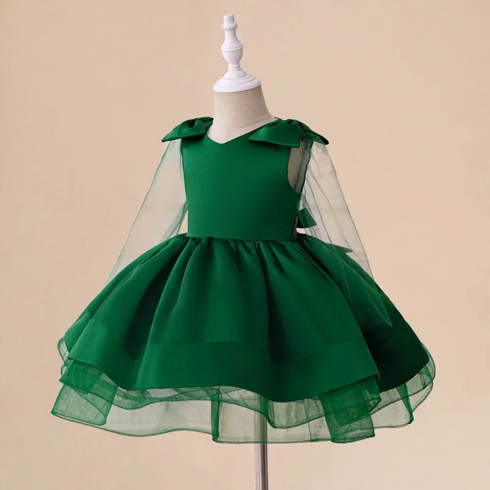 Elegant Girls Vintage Green Dress For Baby Toddler Bow Lace Costume Infant Formal Evening Prom Gown Girls Fashion Summer Clothes