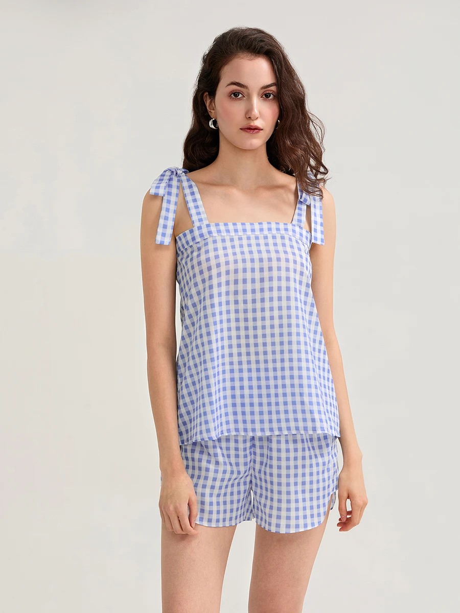 

New Fashion Womens Two Piece Pajamas Set Sleeveless Tie Strap Plaid Print Tank Tops And Shorts Loungewear Hot Sale S M L