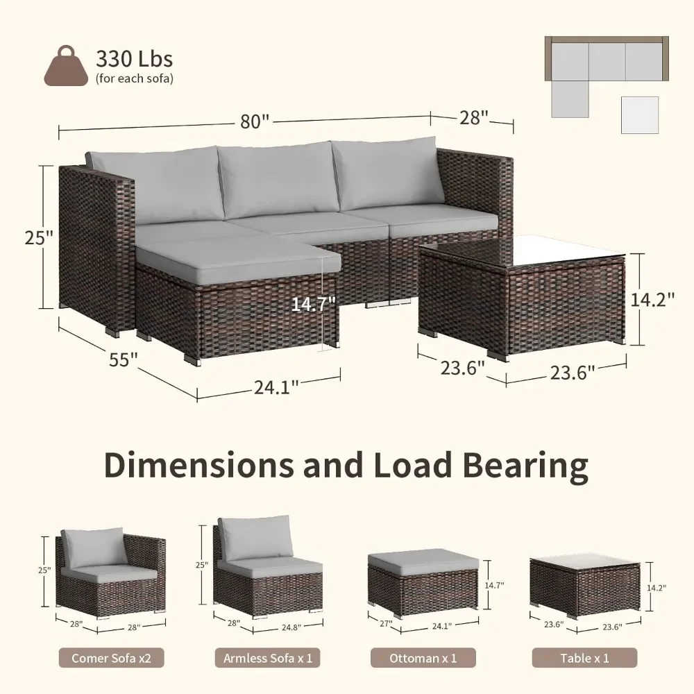 Sofá secional ao ar livre do pátio ajustado com mesa de vidro, PE Wicker Rattan para quintal e piscina