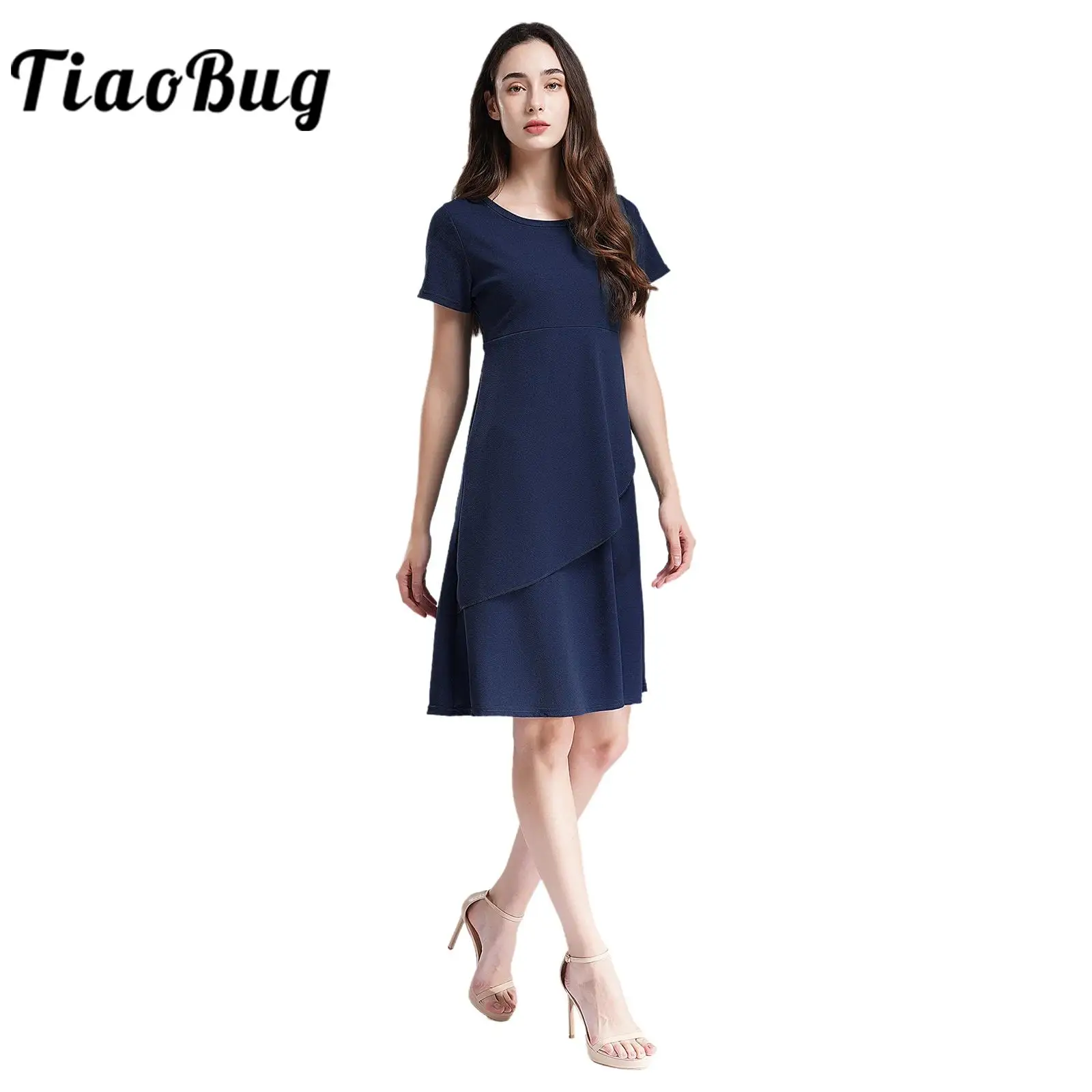 Womens Elegant A-line Dresses Vestido Round Neck Short Sleeve Tiered Hem Festive Dress for Women Holiday Evening Party Dress