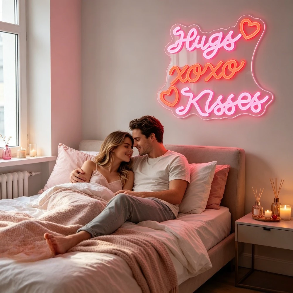 Hugs Xoxo Kisses Neon Sign LED Dimmable USB Wall Light for Valentines Day Proposal Wedding Couple Bedroom Party Wall Decor Gift