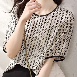 Summer Printing Loose Blouse Women High Quality Short Sleeve O-collar Casual All-match Temperament Lady Pullover Chiffon Shirt