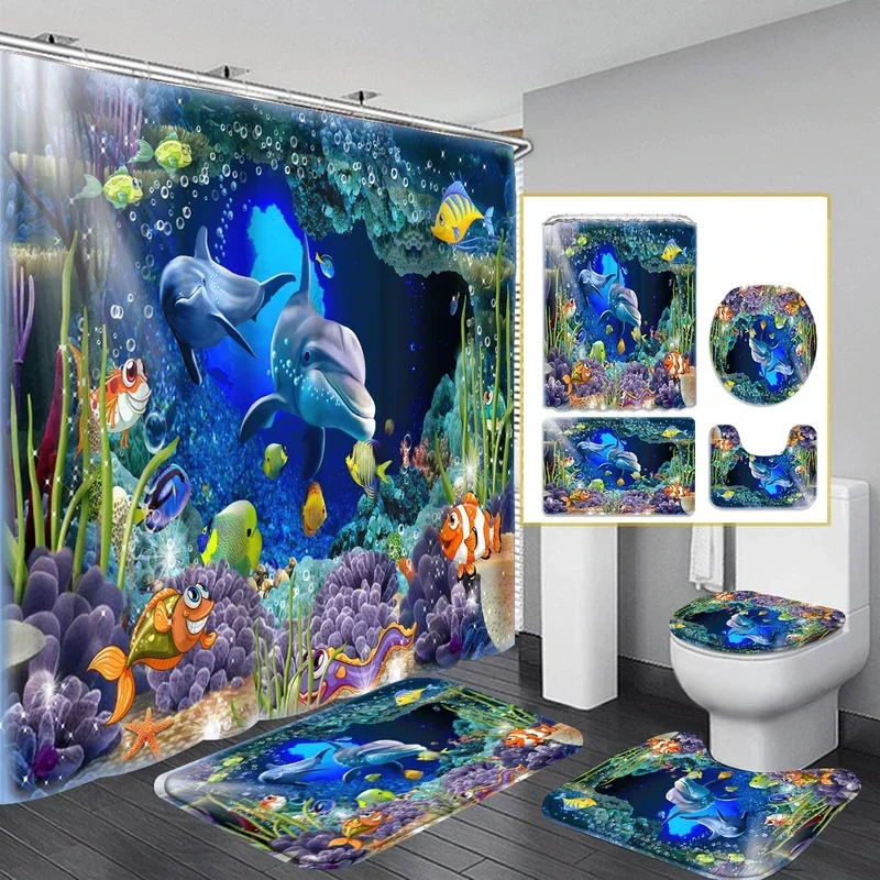 

1/4 piece shower curtain set, waterproof bathroom partition curtain with hooks, anti-slip bath rug, U shape mat, toilet seat cov