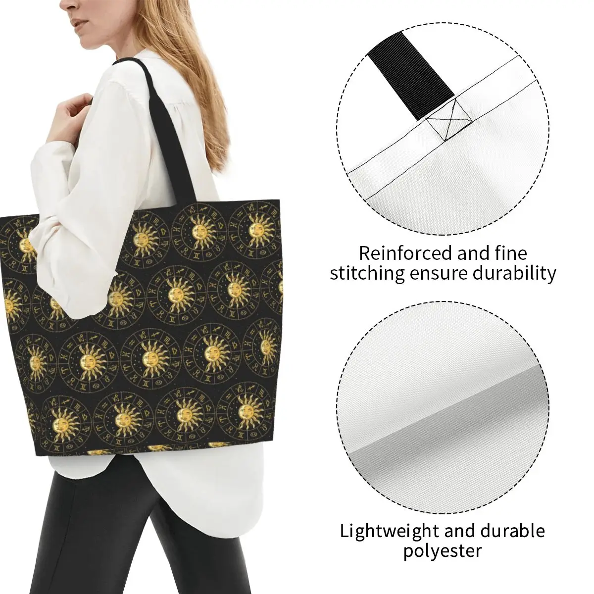 Horoscope Wheel With Zodiac Signs Shopping Tote Bag Canvas Large Capacity Shoulder Bags Shopper Grocery Handbag for Women