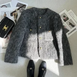 Korean Faux Fur Cropped Jacket for Women Autumn Elegant Single-Breasted Casual Coats Female Winter Korean Thick Warm Down Jacket