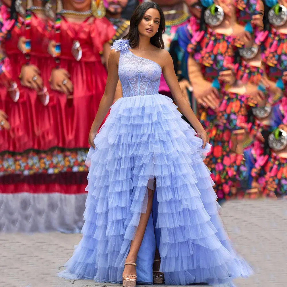 Vestidos De Noche escalonados para graduación 2023 para mujer, vestidos De fiesta De graduación con un hombro De encaje y lado De flores, batas De fiesta De graduación C