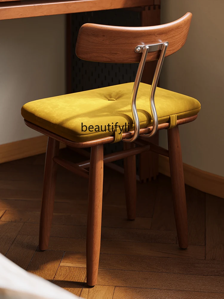 

Nordic Retro Domestic Solid Wood Dressing Stool Makeup Stool with Backrest round Stool