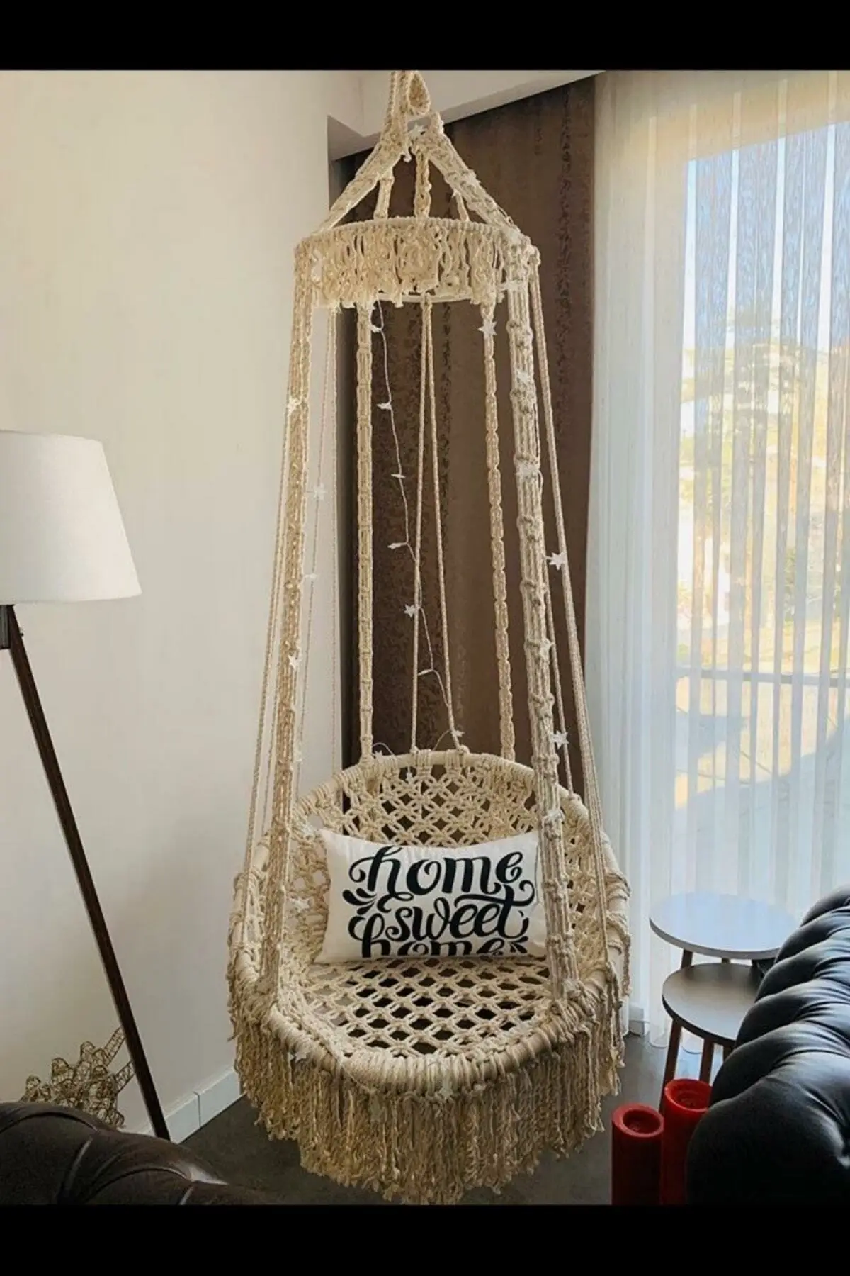 Columpio colgante redondo hecho a mano, hamaca de cuerda de macramé, decoración nórdica elegante para el hogar, interior y exterior, silla de jardín