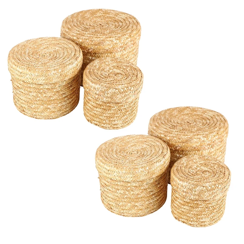 

6 Pcs/Set Handmade Straw Woven Basket With Lid Snack Organizer Storage Box Laundry Baskets Rattan Storage Flower Basket