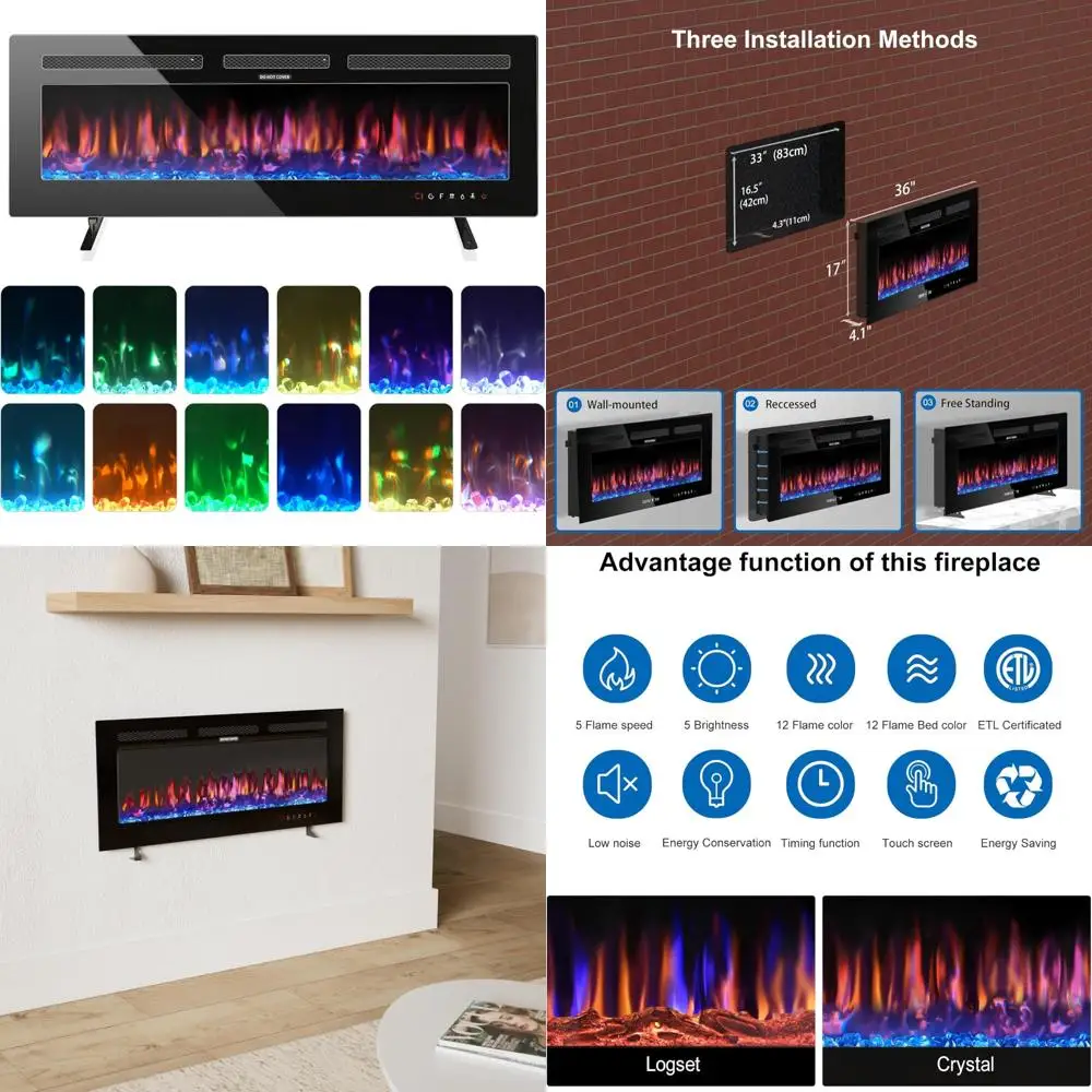 

36 Wall-Mounted & Recessed Electric Fireplace Heater, 750W/1500W, Adjustable Flame, Space-Saving Design