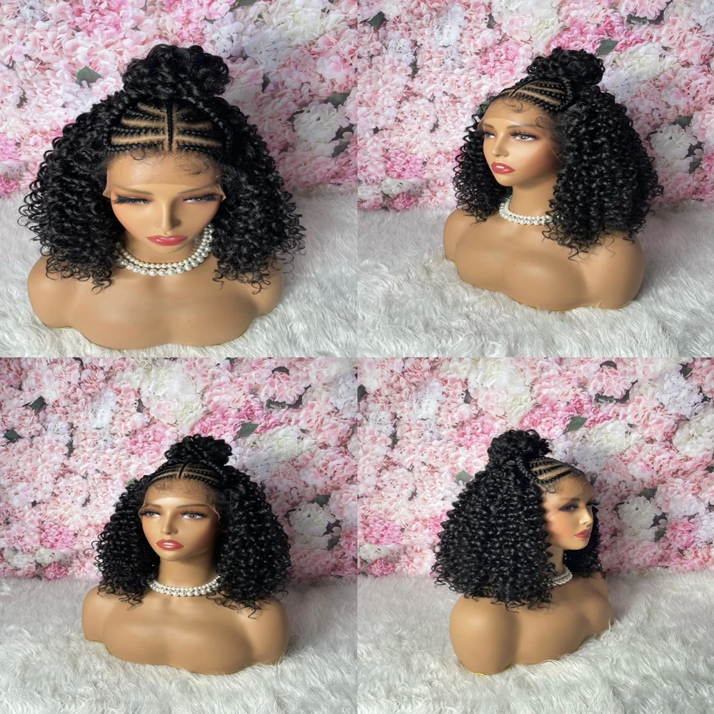 コーンロウ編み込みカーリーヘアウィッグディープウェーブ合成ヘアウィッグベビーシースルー13x6レースフロントアフロカーリーブラック女性向け