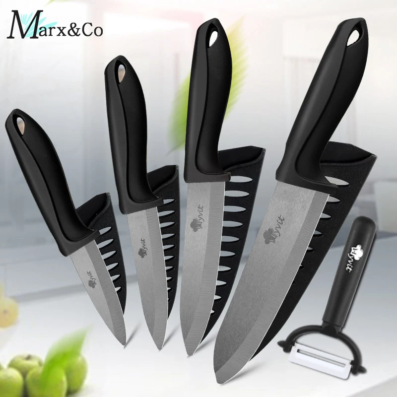 Ceramic Knife Set Chef Utility Paring Vegetable Slicing 3 4 5 6 inch Kitchen Knives+Peeler Black Zirconia Blade Cooking Tool