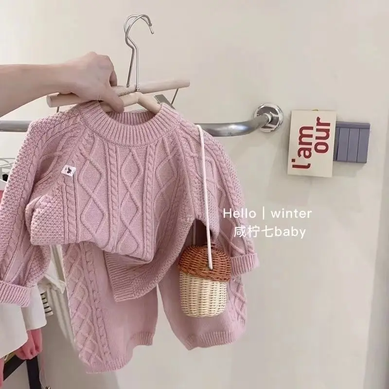 

Spring and Autumn Girls' Clothing Set New Children's Knitted Hoodie Sweater Knitted Pants Two Piece Set