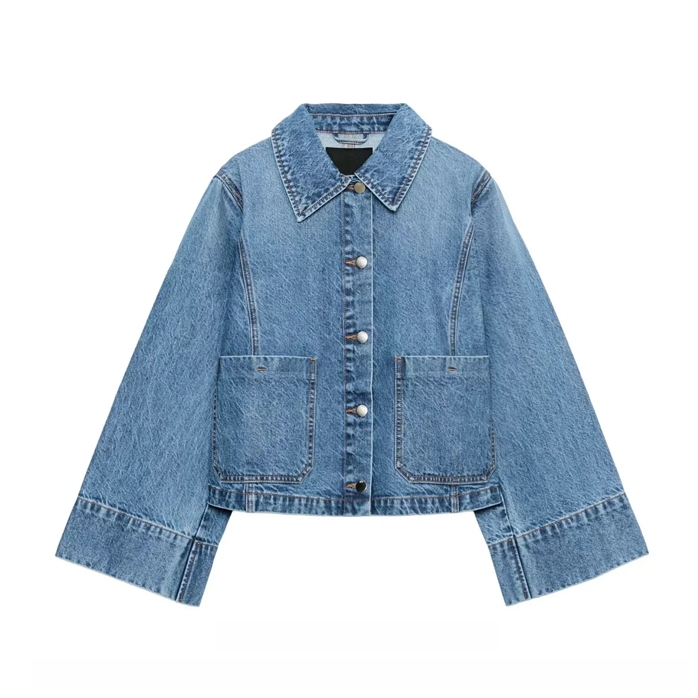 Casual Wide Leg Long Sleeve Collared Denim Jacket Women's New Autumn 2026 Pocket Decorated Loose Fit Short Cotton Outerwear