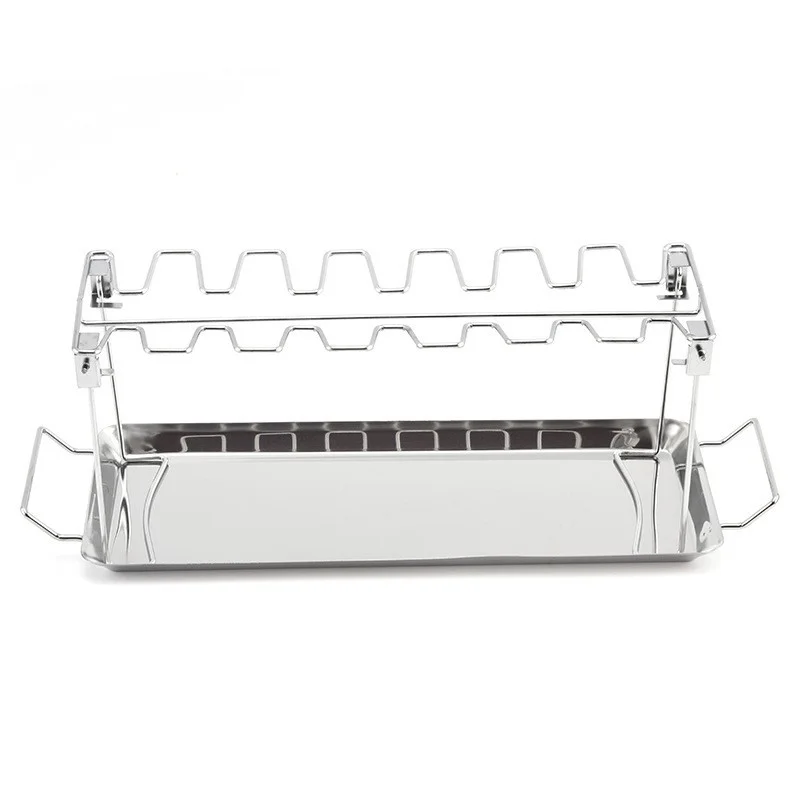 【Foldable Chicken Leg Grill】14-Slot Stainless Steel BBQ Rack with Drip Pan, Portable for Oven Camping Picnic