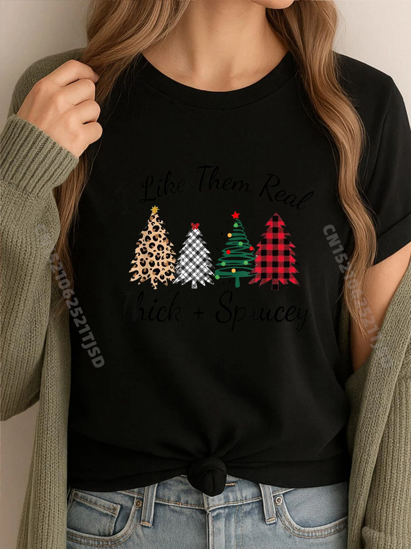 

I Like Them Real Thick Sprucey Christmas Tree Mens Graphic Tshirts White T Shirt Woman T-shirt Washed Printed On